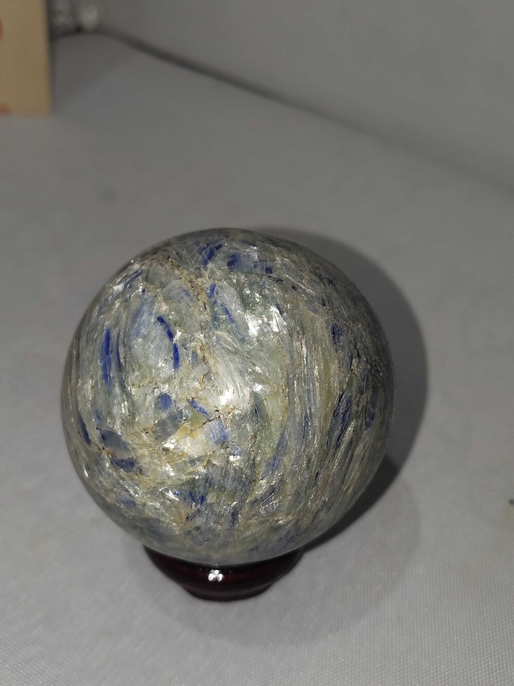 Blue Kyanite Sphere with Wooden Stand Natural Mineral Crystal